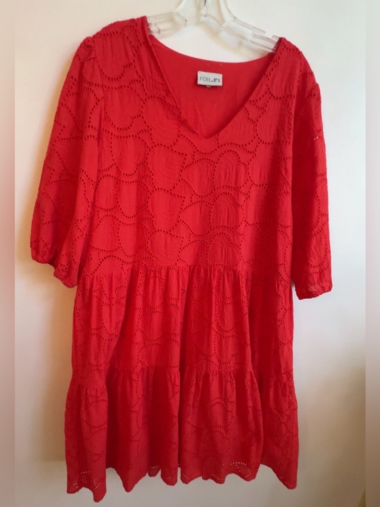 Foil Dresses & Skirts - Foil Poppy Red Eyelet V-Neck Tiered Midi Dress